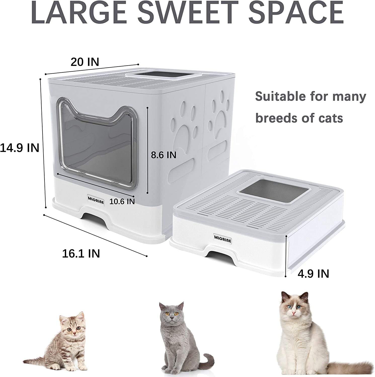 Foldable Portable Travel Extra Large Covered Cat Litter Box with Lid Top Entry Enclosed Anti-Splashing Easy to Clean Kitty Litter Box (Gray)