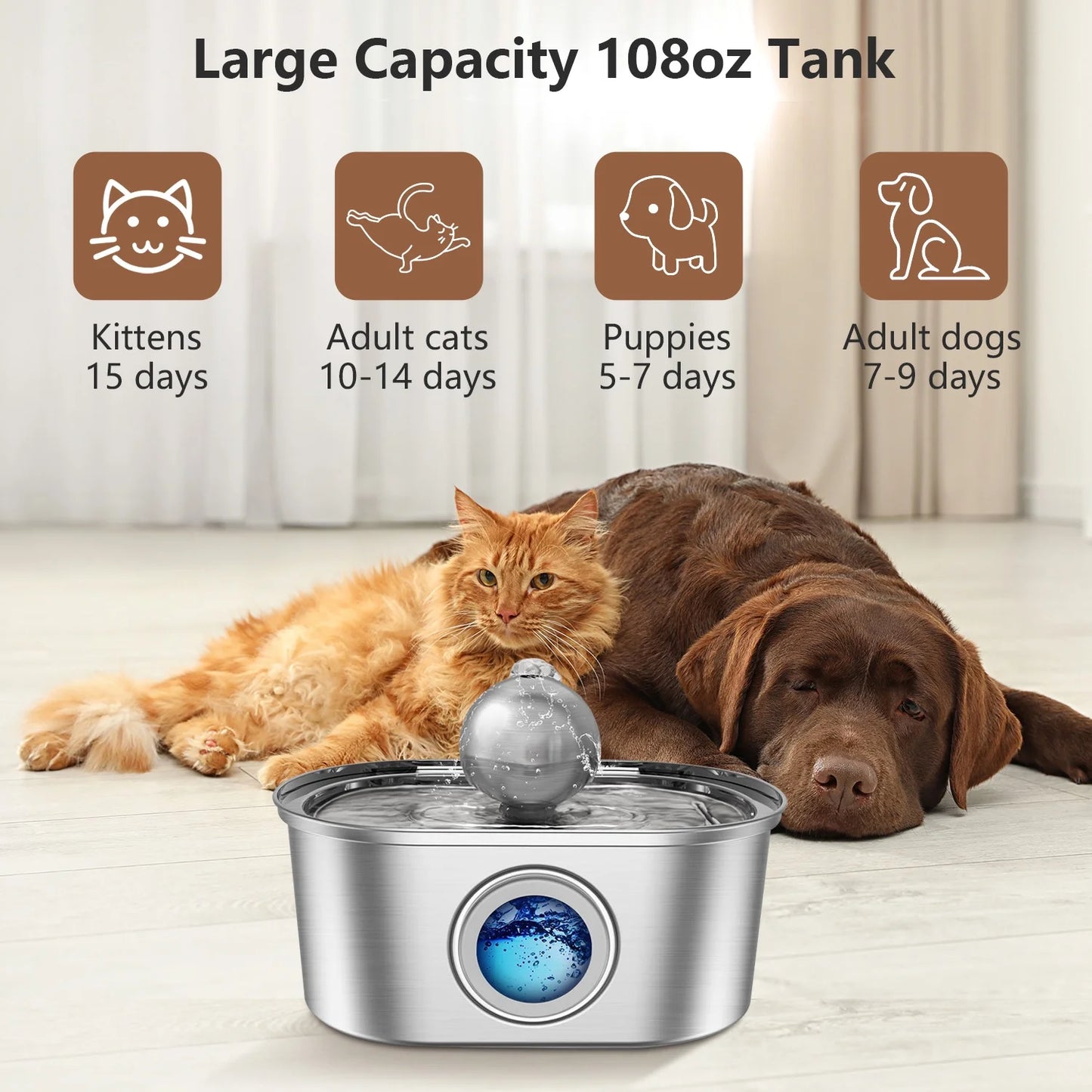 Cat Water Fountain, 108 Fl Oz / 3.2 L Stainless Steel Pet Water Fountain Cat Dog Automatic Water Dispenser for Pets