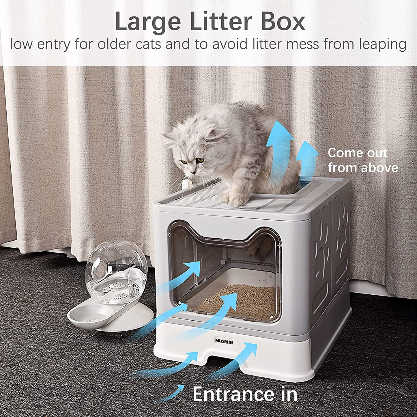 Foldable Portable Travel Extra Large Covered Cat Litter Box with Lid Top Entry Enclosed Anti-Splashing Easy to Clean Kitty Litter Box (Gray)